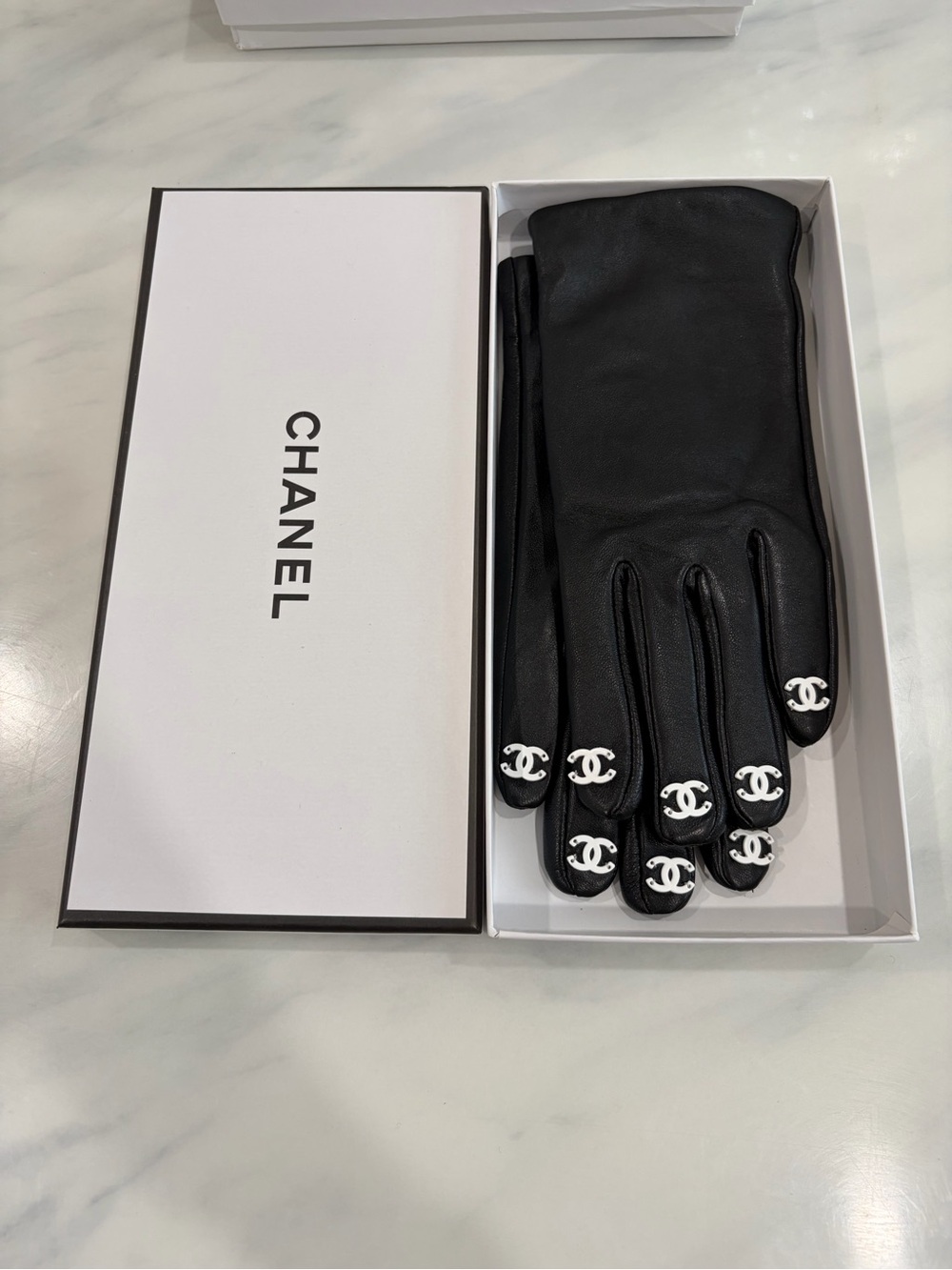 CHANEL Black Leather Gloves with White CC Emblem Fingertips